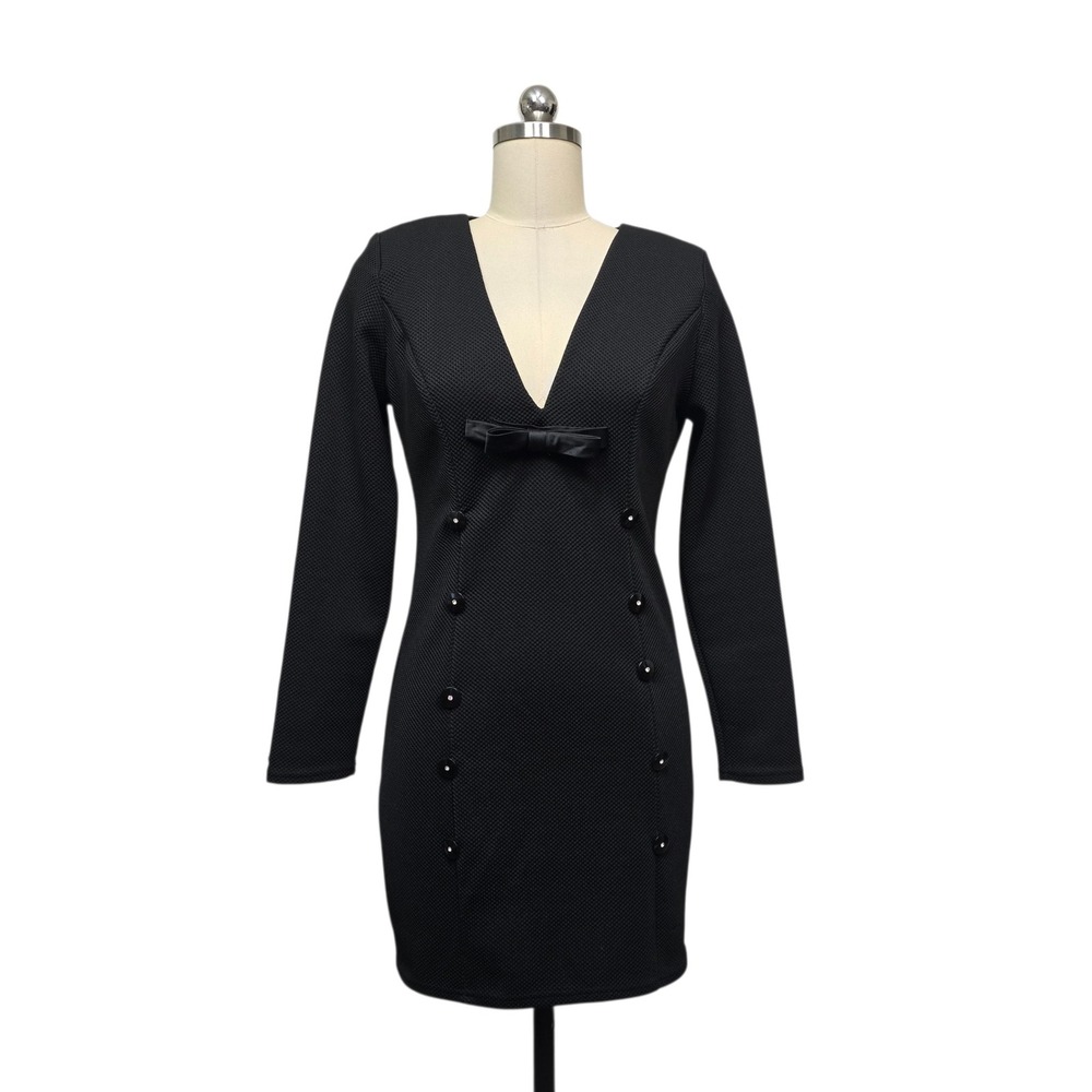 MESHKI Black Textured V-Neck Bodycon Mini Dress with Bow and Buttons Size L - Picture 2 of 8